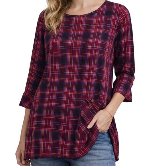J. Jill Tops - J. Jill Plaid Top Petite Medium Red Blue PurpleTunic 3/4 Sleeve Pocket
